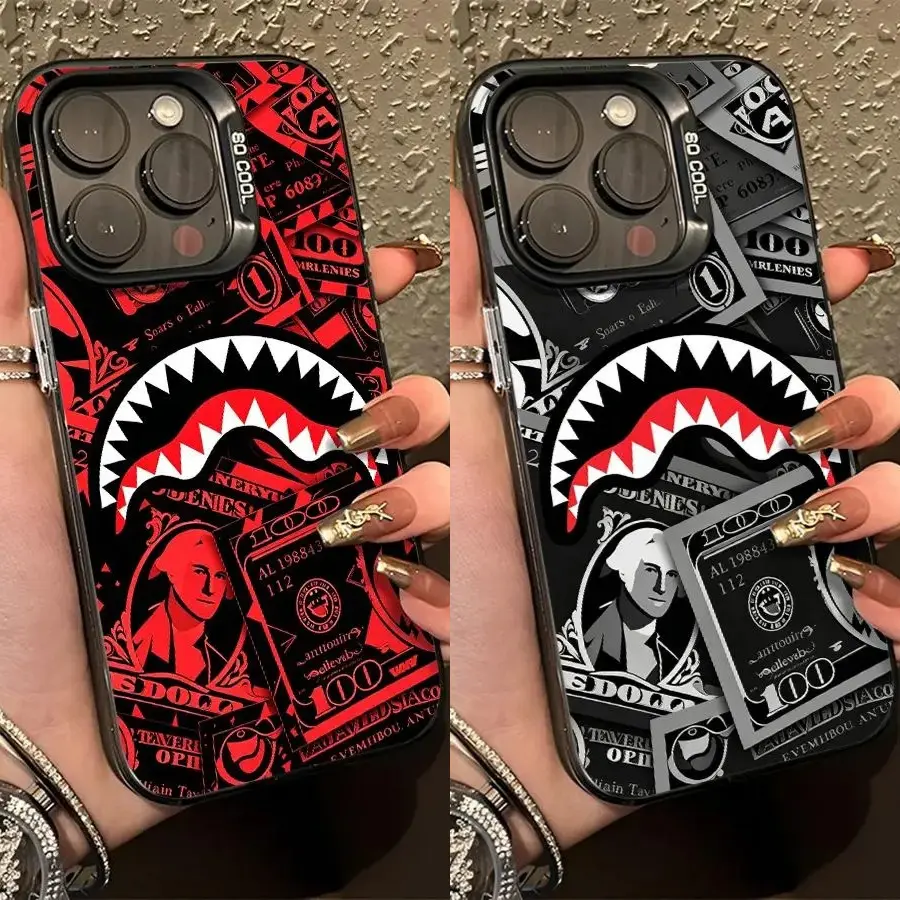 Urban Shark Teeth Money Holo Frame Phone Case Streetwear Cash Graphic 2D Print Silver Matte Mirror Cover for iPhone 11-17 Pro Max