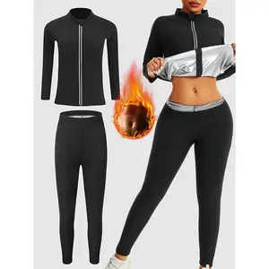 Women's Sauna Sweat Suit Set - Long Sleeve Jacket & High-Waist Leggings, Stretchy Polyester Blend, Machine Washable - Perfect for Yoga & Fitness Workouts