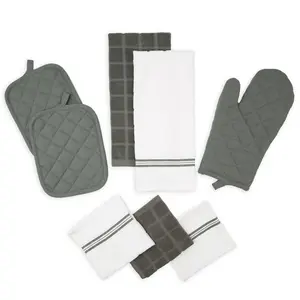 Cotton Kitchen Linen Set 8-Pack Towels Mitt Dishcloths Pot Holder Cleaning Essentials in Charcoal Gray and White