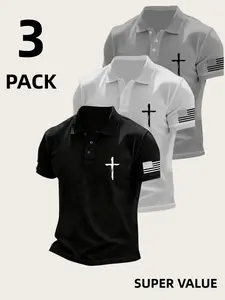 3-Pack Breathable Quick-Dry Golf Polo Shirts, Outdoor Sportswear, Athletic Polo, Lightweight Stretch Polyester Button Design, Ideal for Summer Office, Yacht, Daily Wear