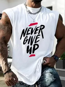 Men's 3D Printed Breathable Sleeveless Vest, Never Give Up Motivational Print, Loose Summer Fitness Shirt, Geometric Design, Casual Wear, Gym Tops, Fitness Clothes Tops, Athletic Sports Clothing, Workout Sportswear