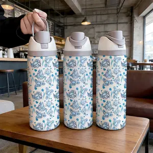32oz Dual-Use Sports Water Bottle, Blue Floral Pattern, 304 Stainless Steel Large Capacity Insulated Cup, Vacuum Insulated Flask, Perfect Gift for Women
