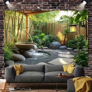 1pc Serene Japanese Zen Garden Backdrop Banner Painting - 2D Flat Printing with Koi Pond, Bamboo, Stone Pathway - Festive Home Party Decor for Spring Weddings, Photo Booths