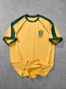 Men's & Shoulder Embossed Soccer Jersey, Regular Fit Casual Short Sleeve V Neck T-shirt for Daily Wear, Men's Top for All Seasons