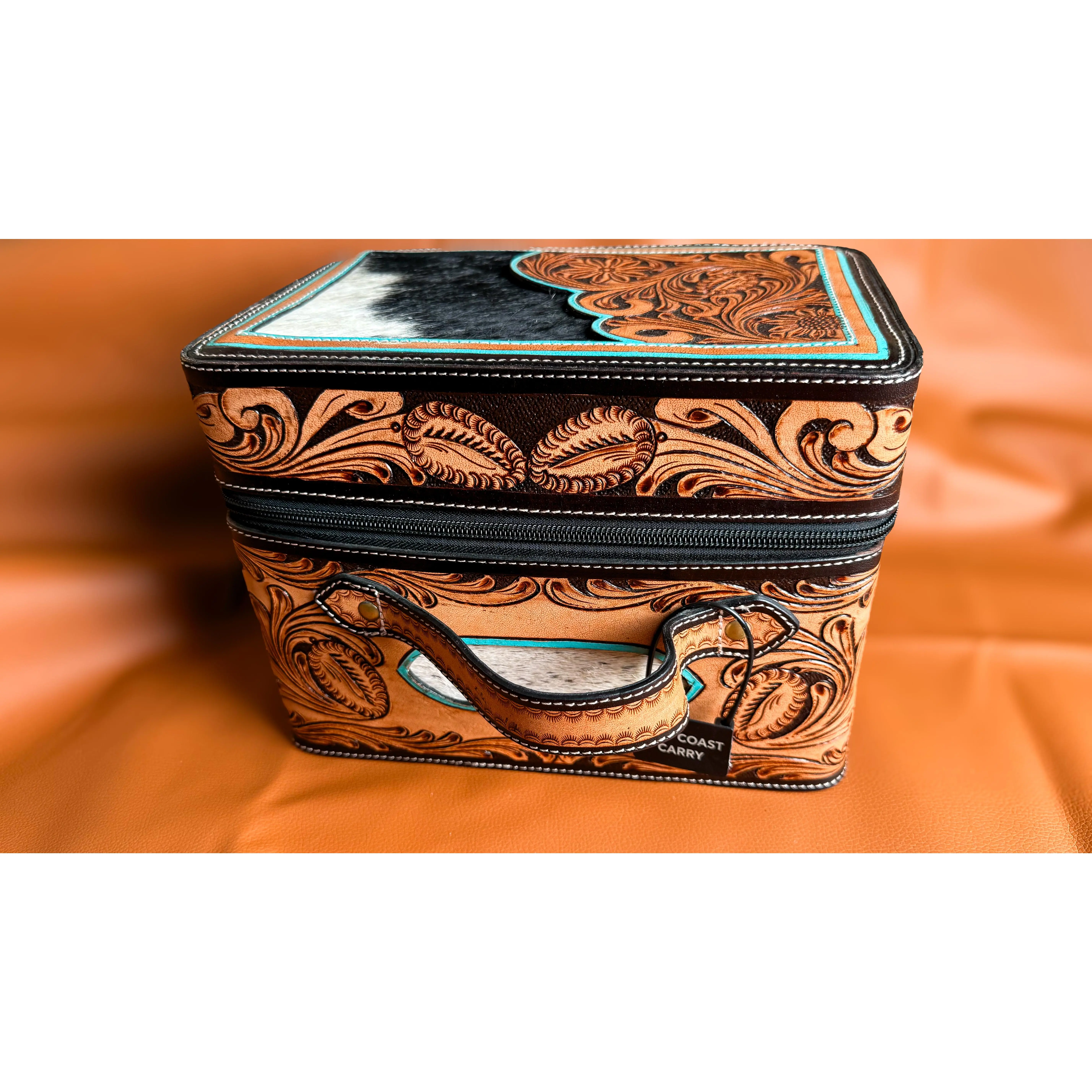 Hand Tooled Leather & Cowhide Vanity Organizer | Jewelry Travel Case | Makeup & Accessory Storage