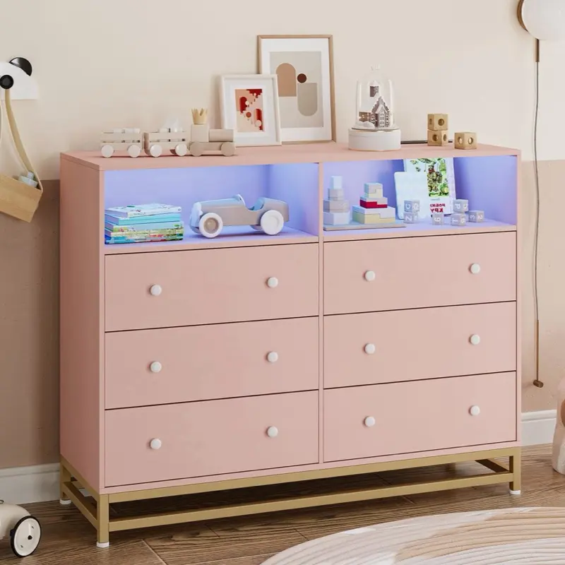 6 Drawer Double Wide Wood Dresser with LED Lights Chest of Drawers for Bedroom
