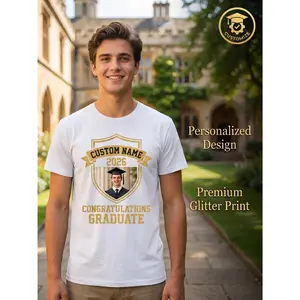 Custom Name & Photo Graduation T-Shirt Suitable for Graduation, Personalized Year/Text Print, Group Orders Class Uniforms, Breathable Loose Fit Crew Neck Short Sleeve Shirts for, Year-Round Commemorat