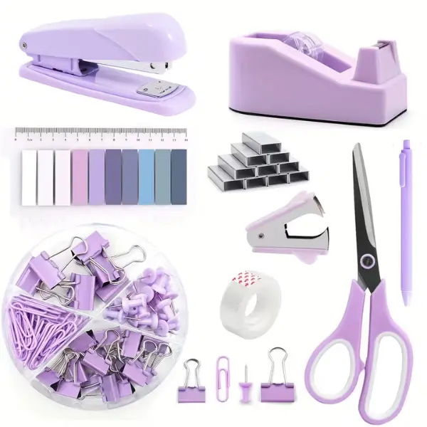 10pcs Macron Stationery Set, School Supplies, Desk Accessories, Pink Office Supplies, Stapler, Tape Dispenser, Scissors, Clips, and 1000 Staples, Pens, Erasers