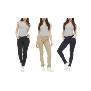 3-Pack Women's Super Stretchy Skinny 5-Pocket Uniform Soft Chino Pants Bottoms Womenswear