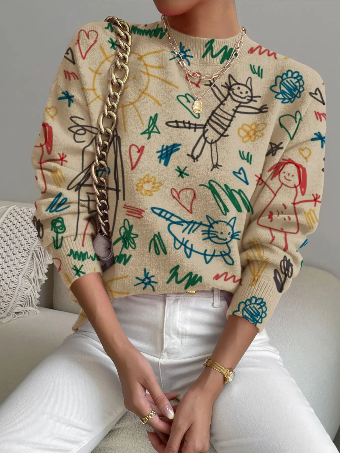 Women's Graffiti Print Stand Collar Sweater, Fall Winter Casual Long Sleeve Knitwear, Comfortable Warm Daily Wear, Detail Design Top