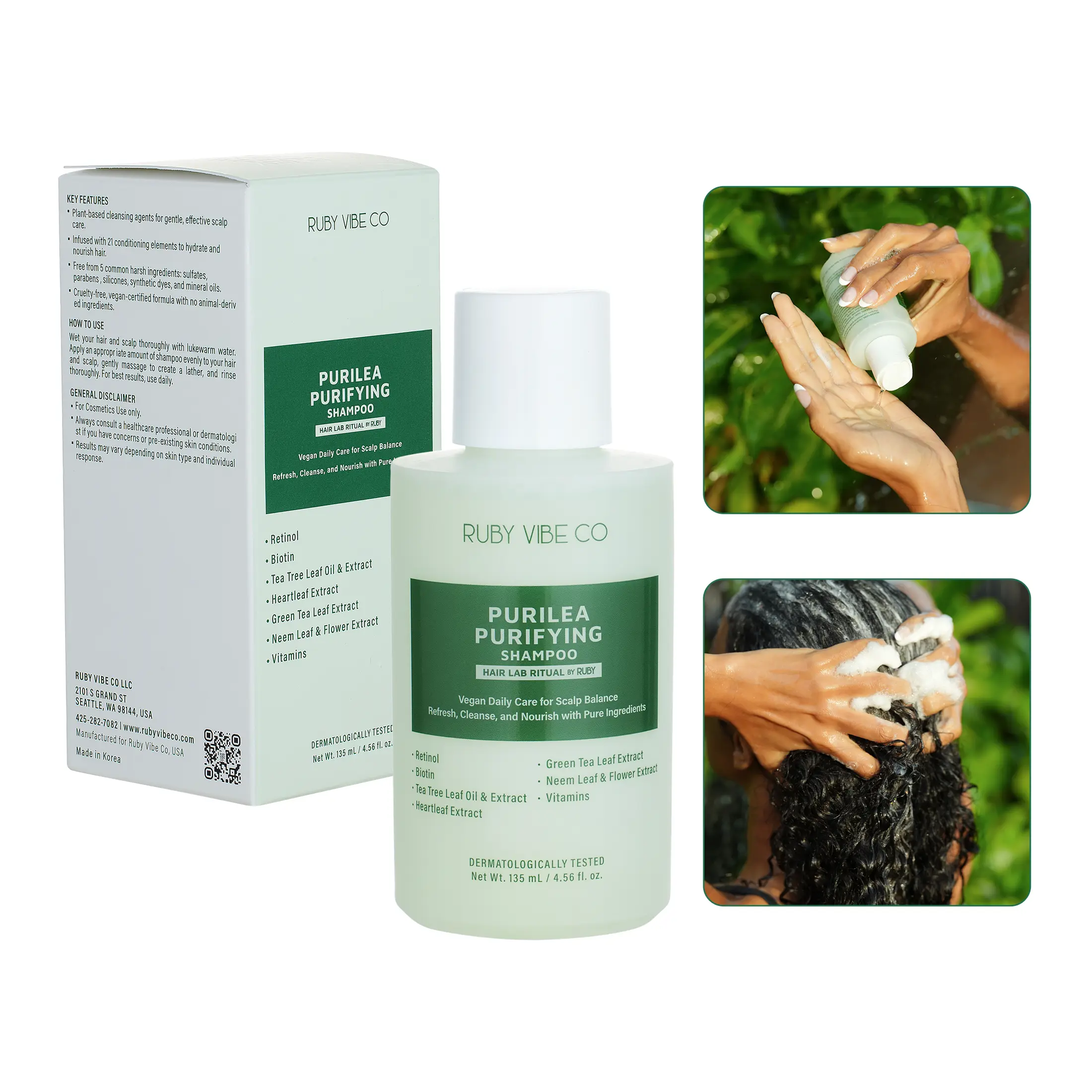 RUBY VIBE CO Purifying Shampoo for Women, Heartleaf & Tea Tree Shampoo Clarifying Formula, Vegan Womens Shampoo for Daily Scalp Care, Sulfate Free, 135 mL / 4.56 fl oz