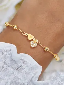 Women's Heart-Shaped Initial Zirconia Heart Bracelet, Stainless Steel Beaded Chain, Casual Fashion Jewelry for All Seasons, Exquisite Bracelet