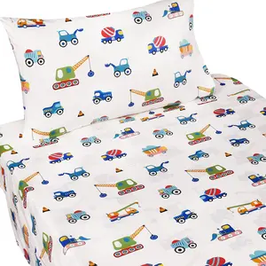 Build Construction Engineering Vehicle Trucks Crane Digger Cartoon 100% Cotton Twin 3 Pieces Kids Boys Children Bedding Set Including Flat Sheet Fitted Sheet Pillowcase