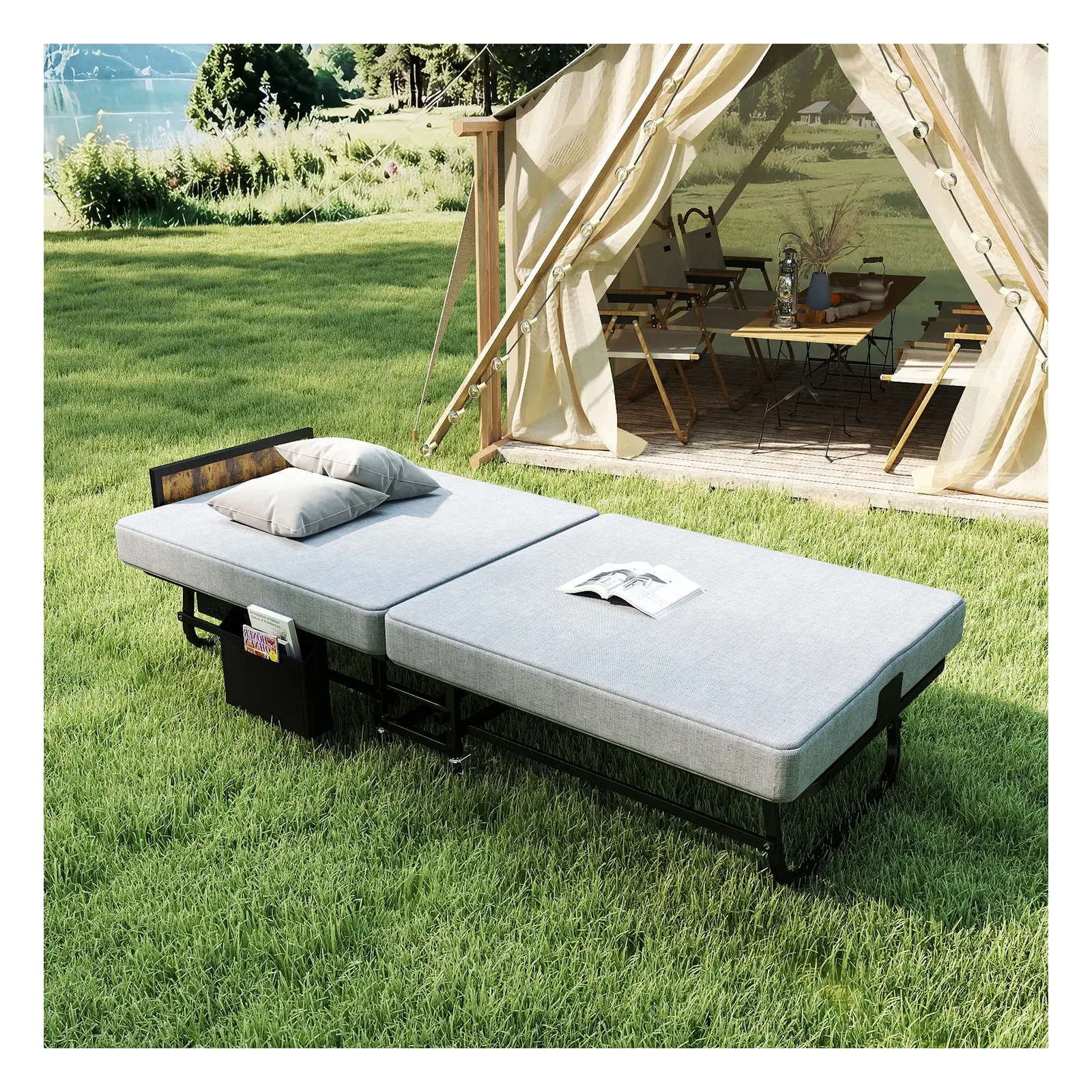 Twin Metal Folding Rollaway Bed with Memory Foam Mattress, Wheels and Space-Saving Design, Gray