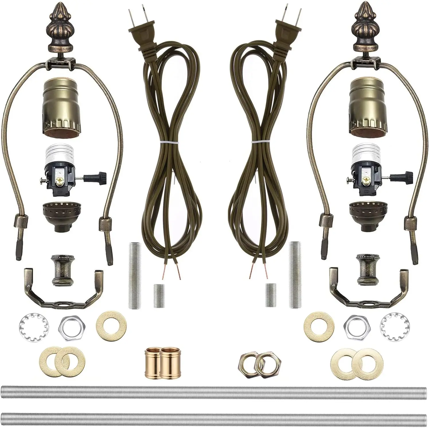 2 Sets Lamp Making Kit Lamp Wiring Kit with 8 Inch Harp, 2 Pieces 12" Lamp Pipe, and All Parts Needed and Instructions for DIY Lamp Design or Repair, Antique Brass