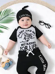 Newborn Baby Boy Letter Print Short Sleeve Romper + Pants + Hat Set, Baby Boy Clothes, Letter Print Bodysuit, Cute Fitted for Spring Summer, All Seasons Wear