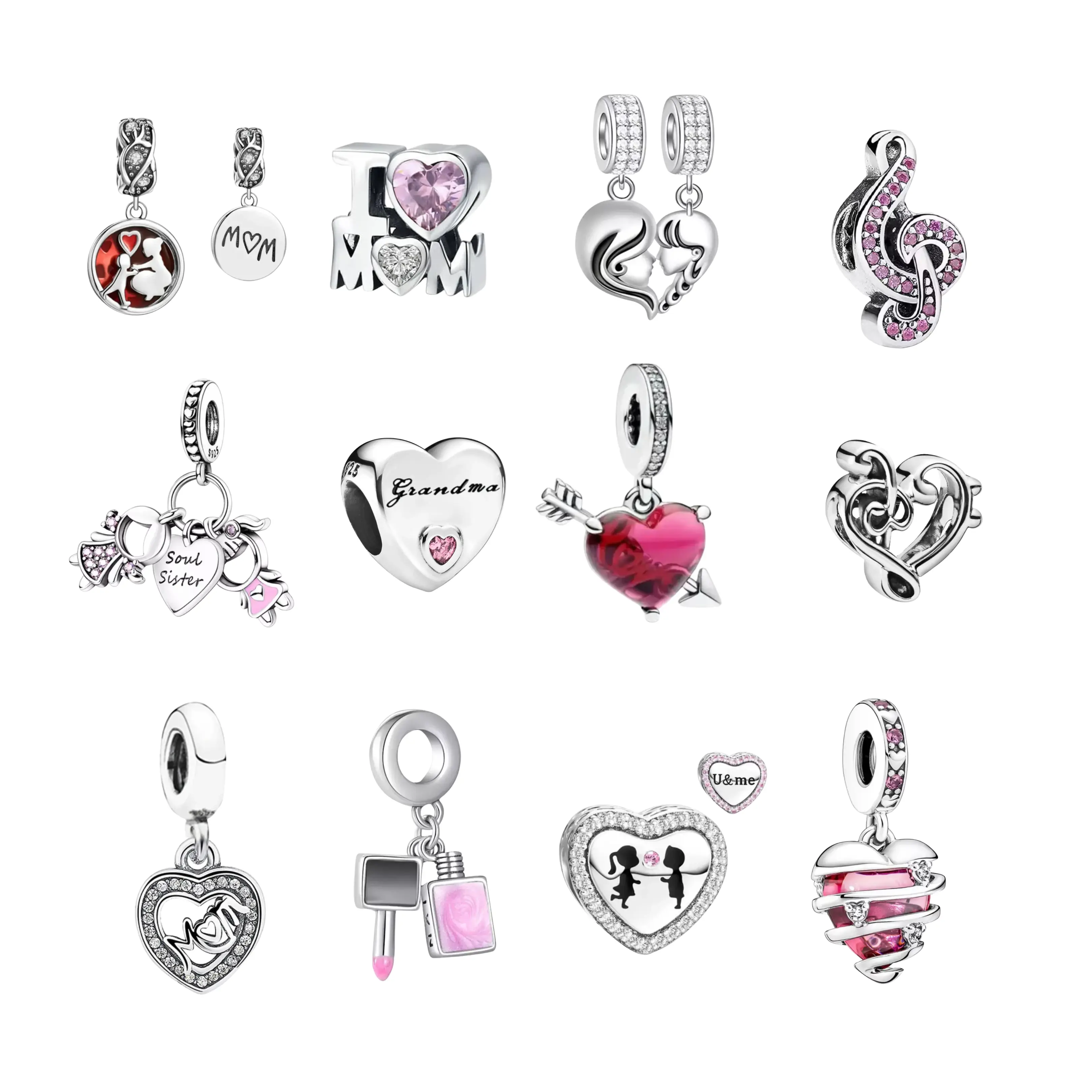 Sterling Silver 925 Bracelet Charms – Heart, Love, Mom, Cute Dangle Charms