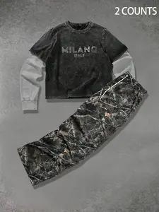 Comfortable Cotton Fabric Two-Piece Colorblock Hoodie Set, Loose Fit Round Neck Pullover, Casual Street Style, Spring & Fall, Outfit