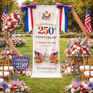 Personalized America 250th Anniversary Linen Banner, USA Patriotic Party Backdrop
