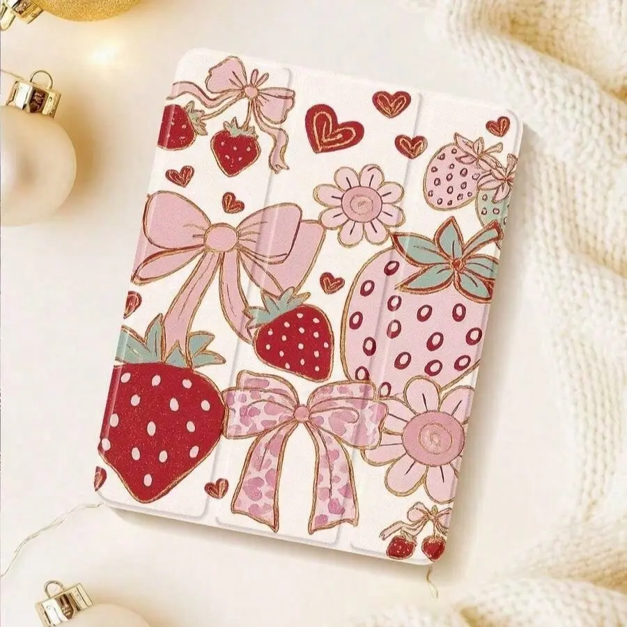 1pc Cream White Gold Foil Strawberry & Bow Print TPU Tri-fold Tablet Case, Ipad Accessories, Shockproof with Auto Sleep/Wake & Pencil Holder, Compatible with iPad 10.2(7/8/9 Gen), Air3/10.5, iPad 10/11, Air4/Air5/Pro 11 inch
