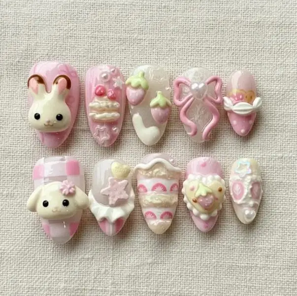 Kawaii Bunny & Strawberry Press On Nails, 3D Pastel Pink Dessert Nail Art Set