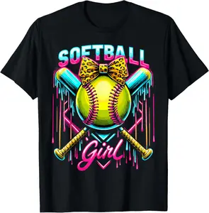 Softball Player Girl Ice Cream Softball Drip Casual Short Sleeve Cotton T-Shirt