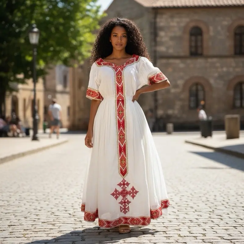 Ethiopian Dress for Women, Traditional Handwoven Cotton Ethnic Clothing with Embroidery Details እጅ ጥልፉ