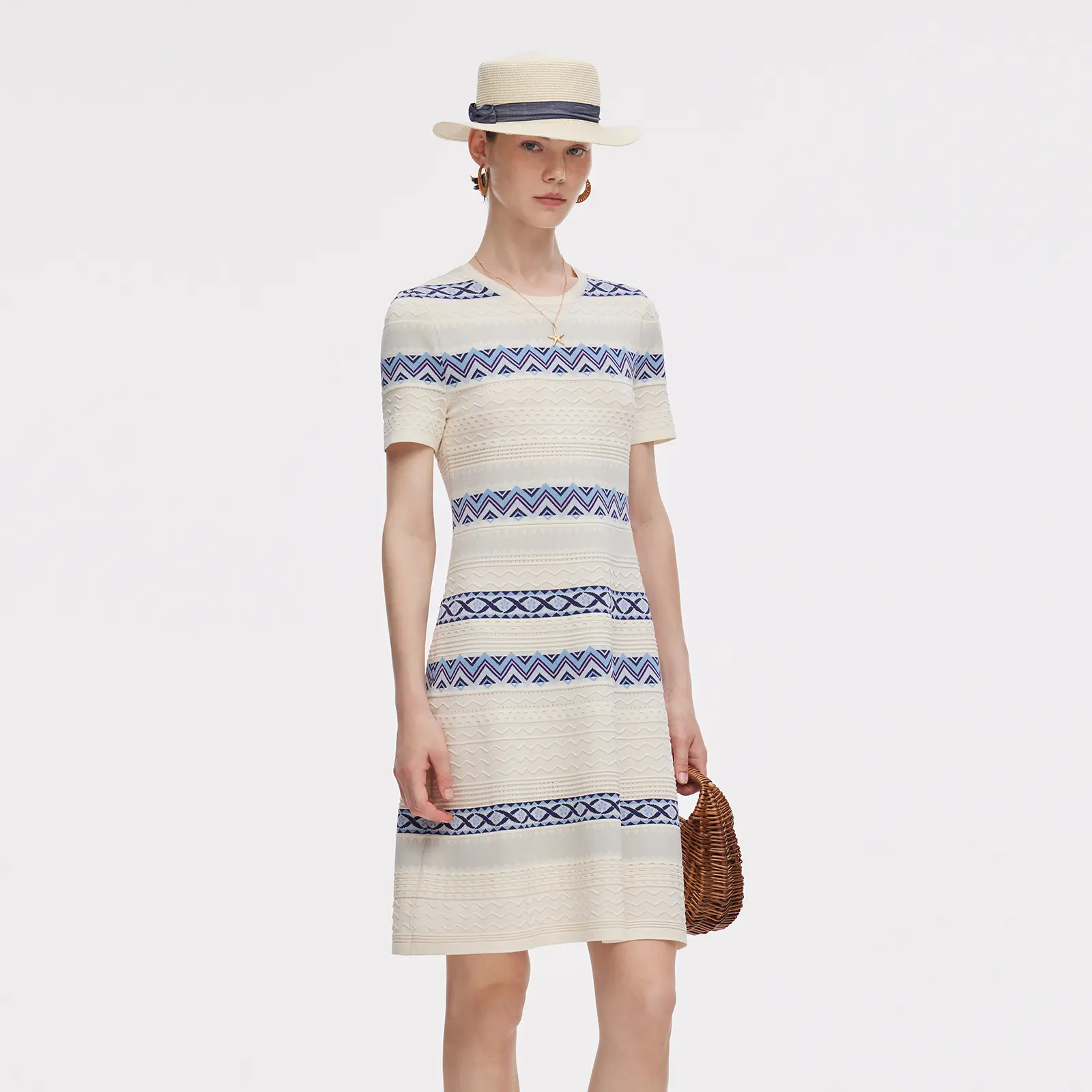 Women's Polyester Flat Short-Sleeve 01J Multicolored Jacquard Mini Dress, Colorful Woven Casual Fit Casual Dress