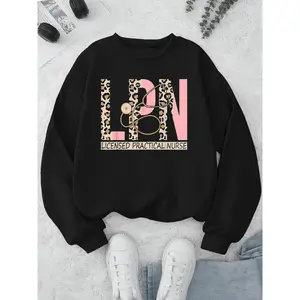 Leopard Print Licensed Practical Nurse LPN Nursing Crew Neck Long Sleeve Sweatshirt for Women - Fun Graphic Printed Cotton Top Womenswear Hoodie