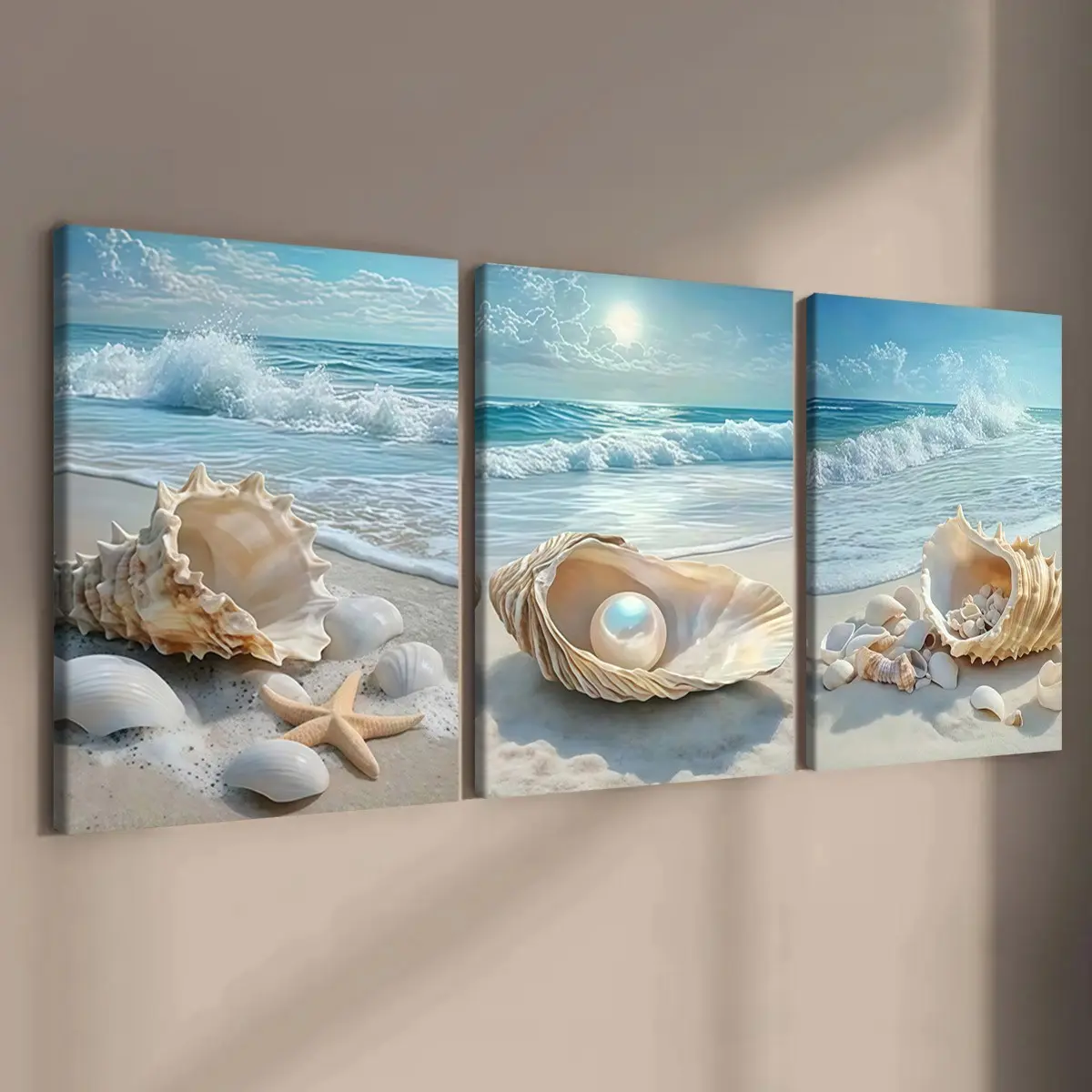 3-Pack Wood Frame Canvas Posters, Beach Seashell Starfish Wave Art, Modern Living Room Decor, Waterproof, Gift Idea