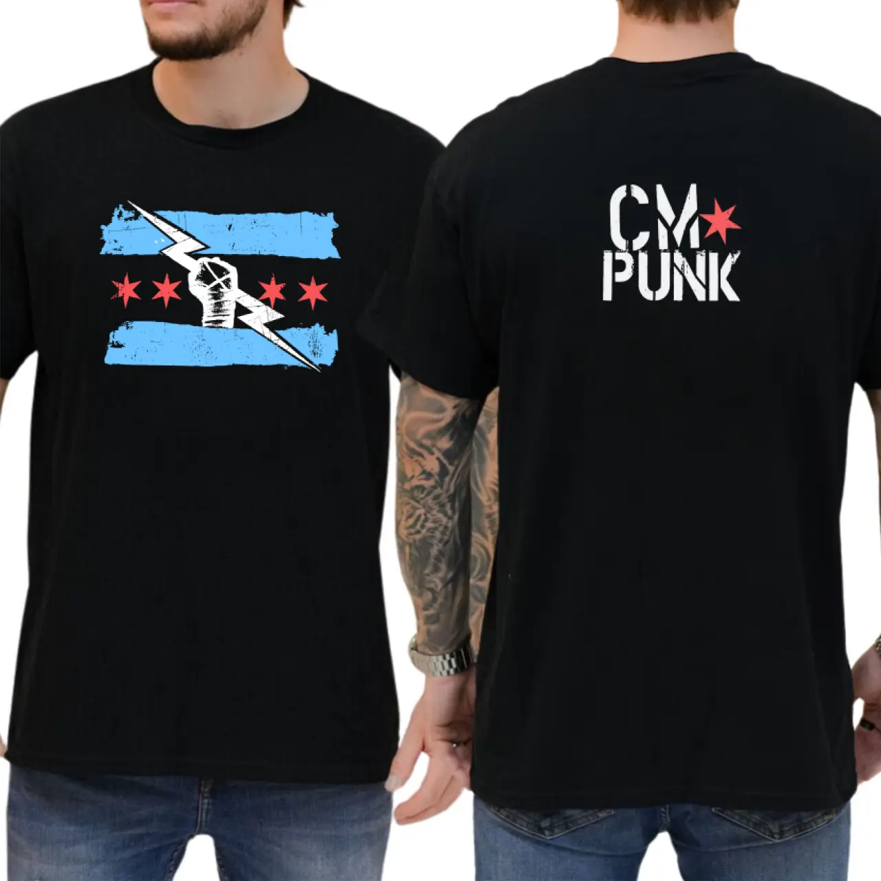 Men’s CM Punk Chicago Flag Graphic T-Shirt Black Wrestling Fan Tee, Windy City Pride Streetwear Shirt, Vintage Style Pro Wrestling Apparel, Gift for Wrestling Lover