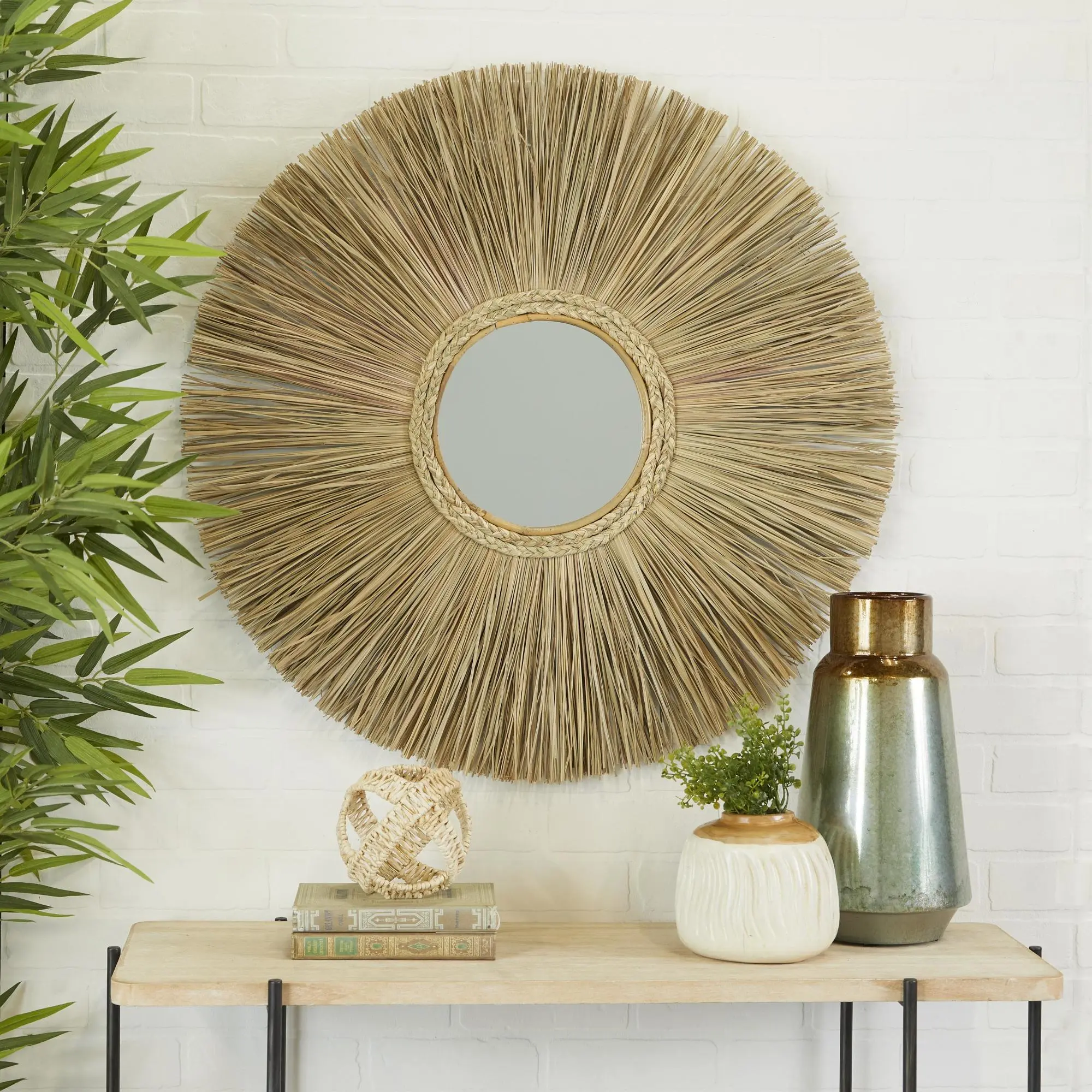 Starburst Brown Wooden MDF Reflective Wall Mirror, Home Decor for Entryway Rooms, Sofa, Glass