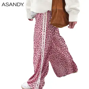 ASANDY Women's Leopard Print Wide Leg Pants High Waist Side Stripe Loose Fit Trousers Soft Lightweight Fabric Casual Streetwear Style Perfect For Daily Outings Weekend Brunch & Lazy Day Looks