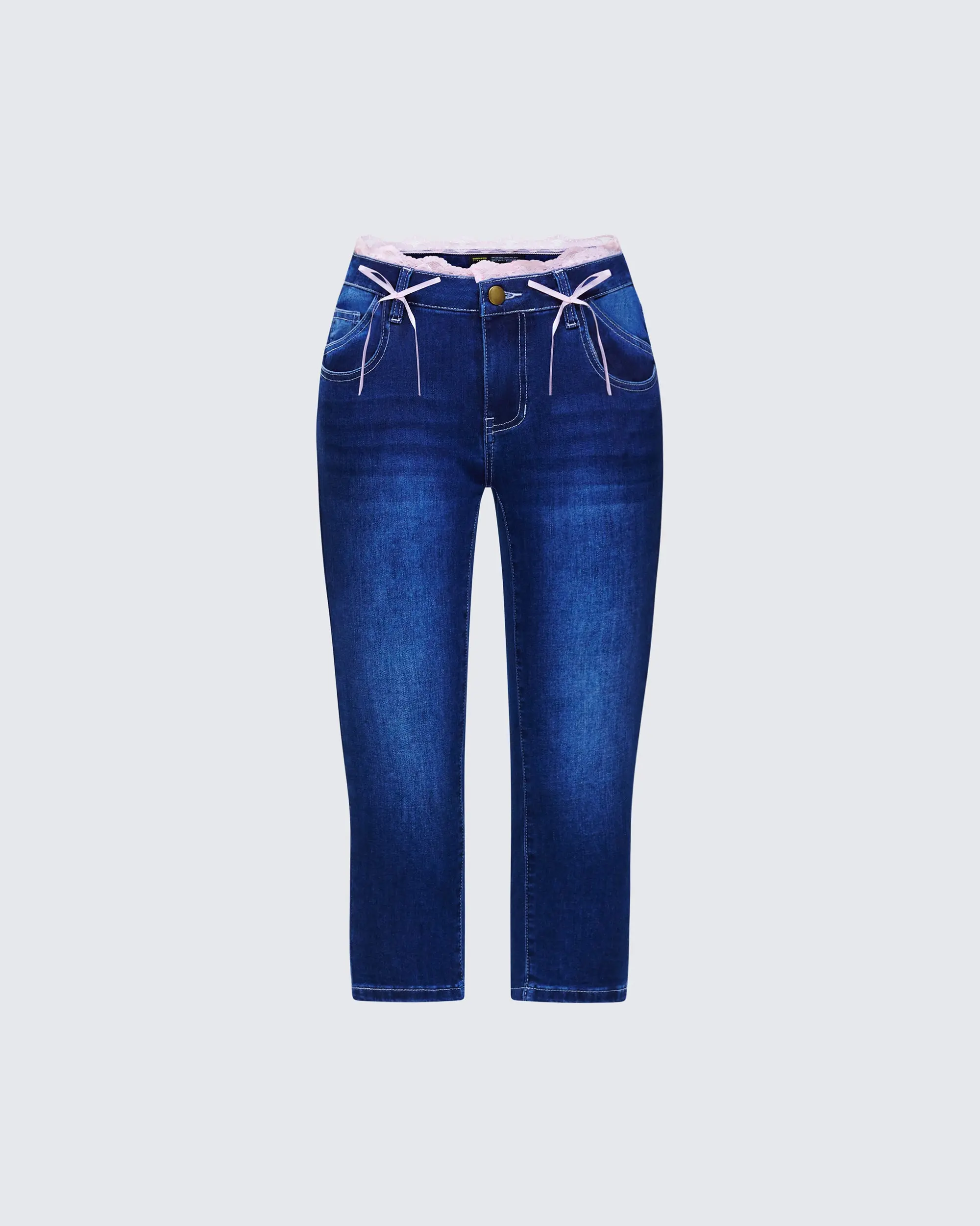 Women's Blue Denim Lace-and-Bow Slim Straight Capri Pants with Pink Spandex Accents