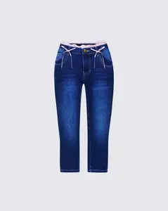 Estefania Blue Denim Lace and Bow Capri Pant