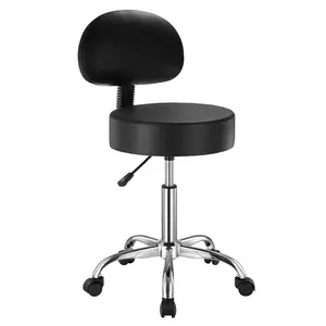 Rolling Stool With Back Support And Wheels, 450 Lbs Weight Capacity Round Rolling Stool Chair, Height Adjustable Thickened PU Leather Swivel Stool For Salon, Spa, Massage, Tattoo, Clinic, Black
