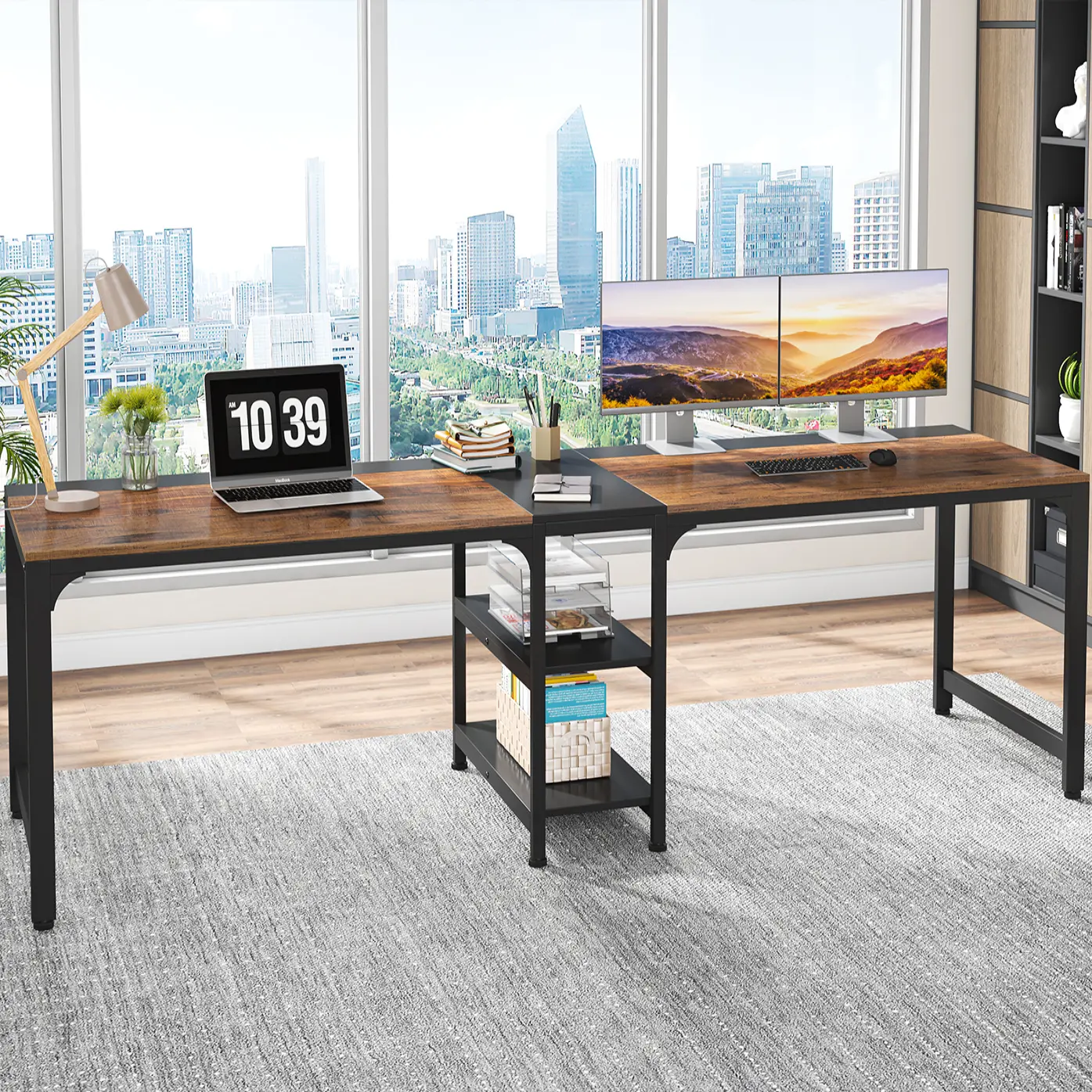 LITTLE TREE 90.55'' 2 Person Desk with Storage Shelves, Double Computer Desk with Spacious Desktop, Extra Long Study Writing Table Workstation for Home Office