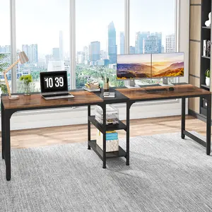 LITTLE TREE 90.55'' 2 Person Desk with Storage Shelves, Double Computer Desk with Spacious Desktop, Extra Long Study Writing Table Workstation for Home Office