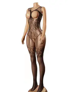 Women's Elegant Black Fishnet Bodystocking - Nylon Floral Mesh Lingerie with Straps, Breathable, Stretchy Elastic Sheer 1-Size Lady's Clothes, Lace-Accented Nylon Fabric Strappy Fits