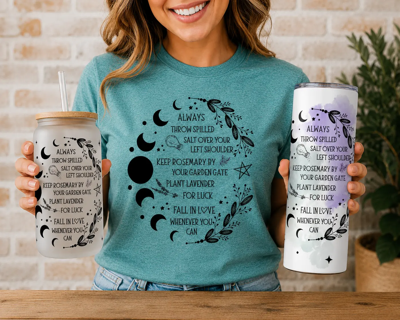 Practical Magic T-shirt & Cup Bundle Teal Round Neck Summer Women's Casual Pull On Crewneck Streetwear with Tumbler Top Womenswear