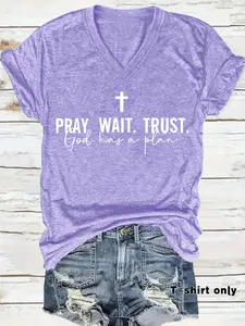 V Neck Christian Faith T-Shirt Top for Women, Summer Casual Loose Fit Tee with Print, Comfortable, Lightweight and Breathable S-Xxl Lady
