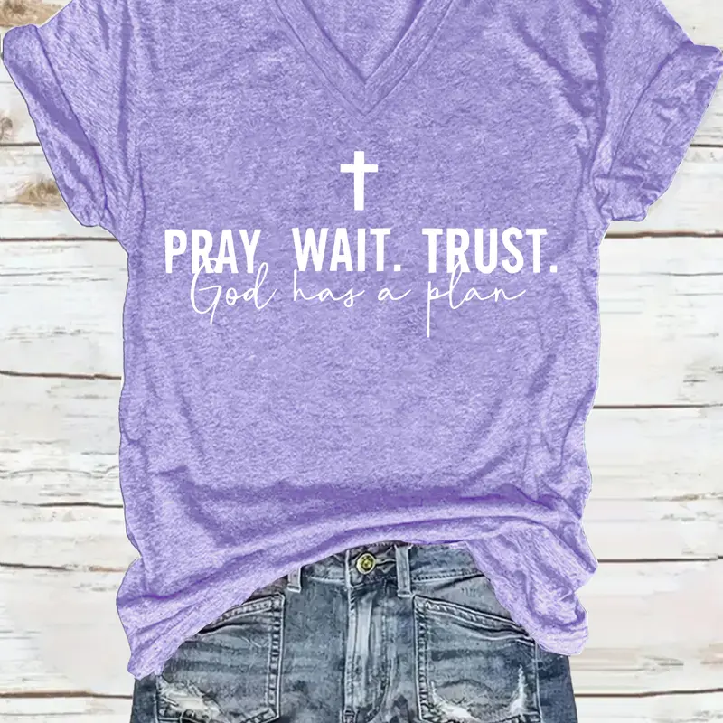 V Neck Christian Faith T-Shirt Top for Women, Summer Casual Loose Fit Tee with Print, Comfortable, Lightweight and Breathable S-Xxl Lady