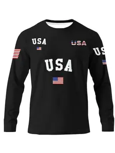 Men's American Flag Long Sleeve T-Shirt, Patriotic Sporty Style, Breathable Polyester Blend, Casual Wear, Athletic Sports Clothing