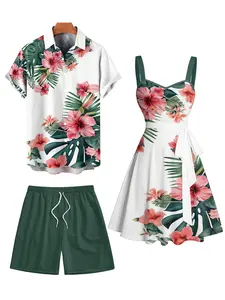 2025 Vacation Couple Outfit Women's Tropical Floral Leaf Pattern Ruched Bust Belted Dress and Men's Roll Up Sleeve Shirt Solid Color Drawstrings Beach Shorts Outfit