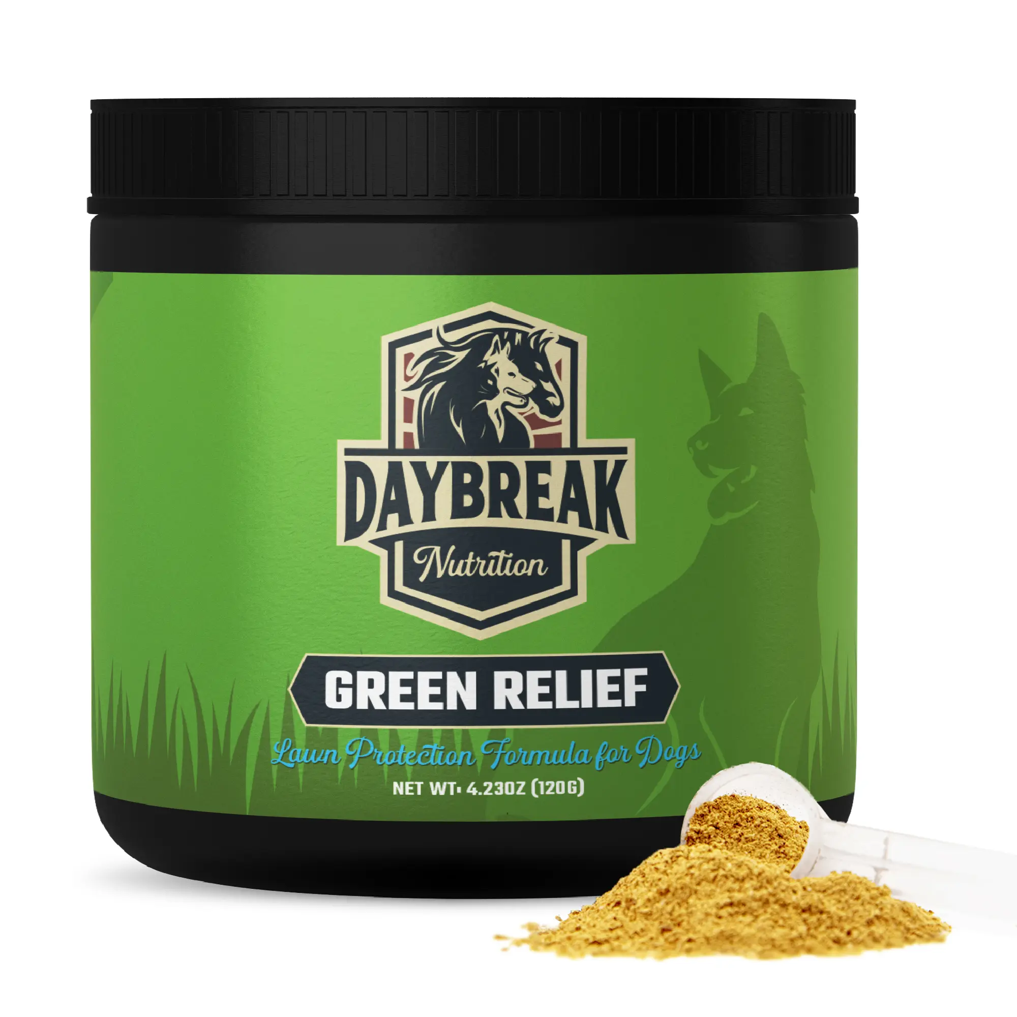 Daybreak Nutrition Green Relief Dog Urine Neutralizer Powder Supplement - 24-Month Shelf Life, Chewables Alternative, Natural Digestive Remedy with L-Methionine, Cranberry, Probiotics - Urine Control, Urinary Care, Natural Grass Saver - Made in USA