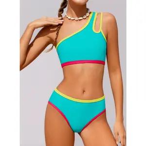 One-Shoulder Color Block Bikini for Girls 7-16 - Two-Piece Swimsuit with Removable Chest Pads. Trendy, Supportive Bathing Suit for Beach or Pool