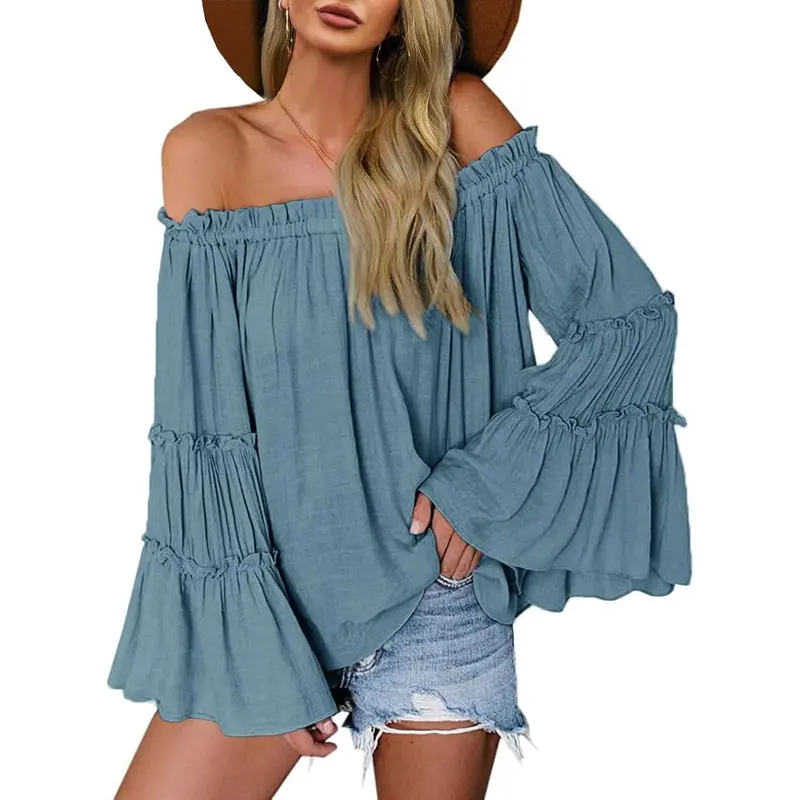 Womens Off The Shoulder Long Bell Sleeve Tops Flared Casual Loose Blouse LAICIGO
