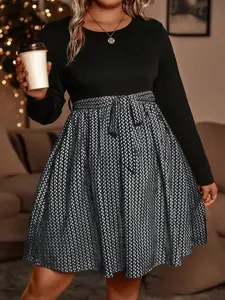 Plus Size Colorblock A-Line Dress, Elegant Long Sleeve Belted Midi Striped Dress for Spring & Fall, Perfect for Dates, Shopping, Daily