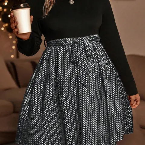 Plus Size Colorblock A-Line Dress, Casual Elegant Long Sleeve Adjustable Belted Midi Striped Dress, Casual Classy Dress for Spring & Fall, Perfect for Dates, Shopping, Daily, Womenswear, Casual Fit Dress