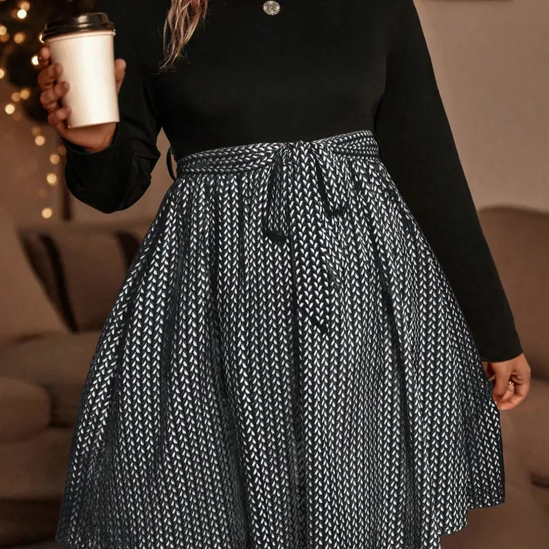Plus Size Colorblock A-Line Dress, Casual Elegant Long Sleeve Adjustable Belted Midi Striped Dress, Casual Classy Dress for Spring & Fall, Perfect for Dates, Shopping, Daily, Womenswear, Casual Fit Dress